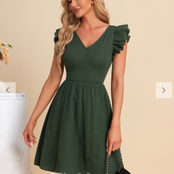 NWT JJ’s House Green V‑Neck A‑Line Mini Dress • Size L • Cotton Blend Trapeze - Picture 3 of 5